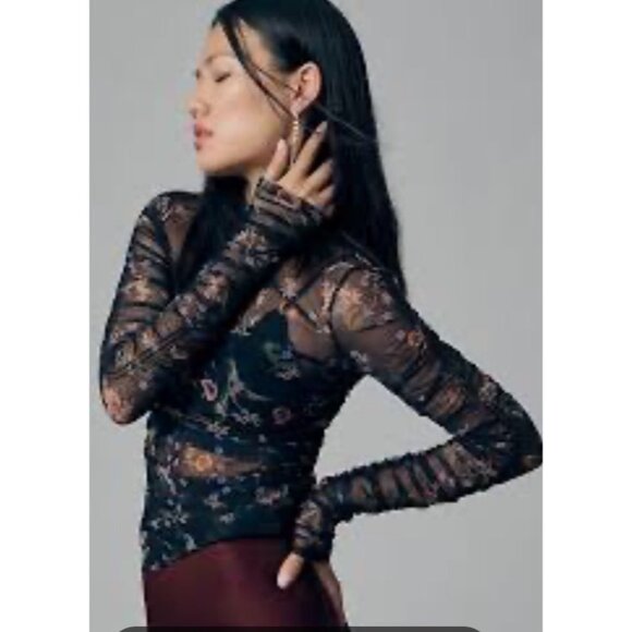 Maeve By Anthropologie XXS Sheer Black Mesh Floral Ruched Top NWT - Picture 2 of 10